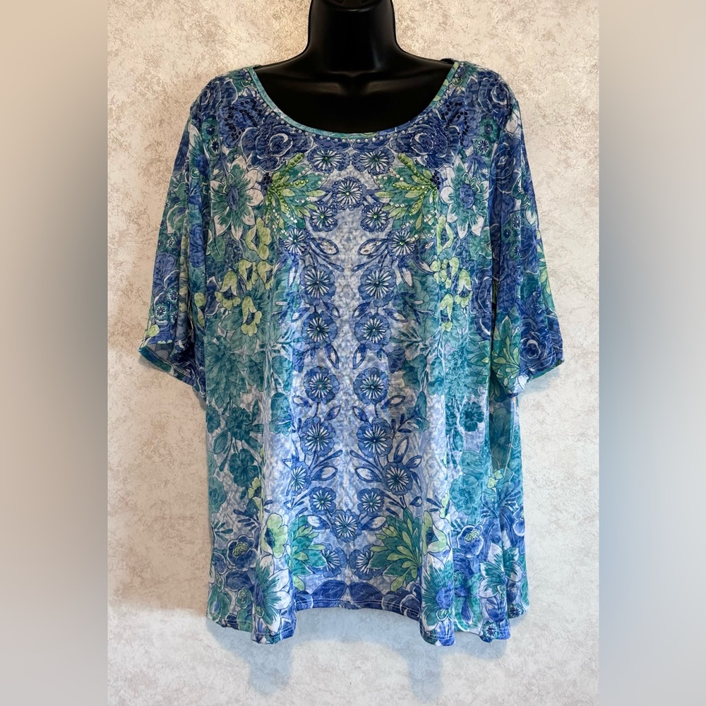Ruby Rd Bali Blue Embellished Floral Pull Over Top Split Short Sleeve XL